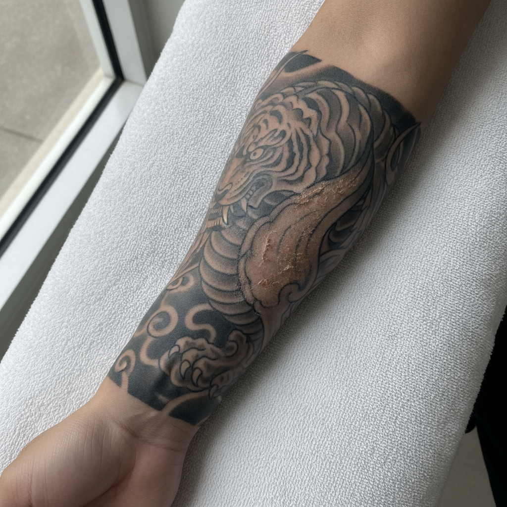 Southeast Asian man's forearm with a partially completed black-and-grey tattoo, showing the difference between fully healed skin and a section still lightly scabbed from a recent session
