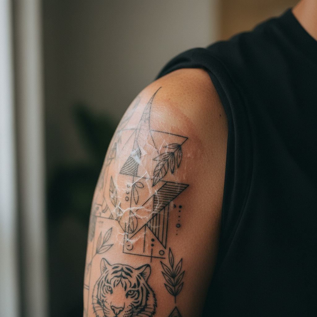 Close-up of a healing fine-line tattoo with a thin translucent shedding layer over crisp dark lines