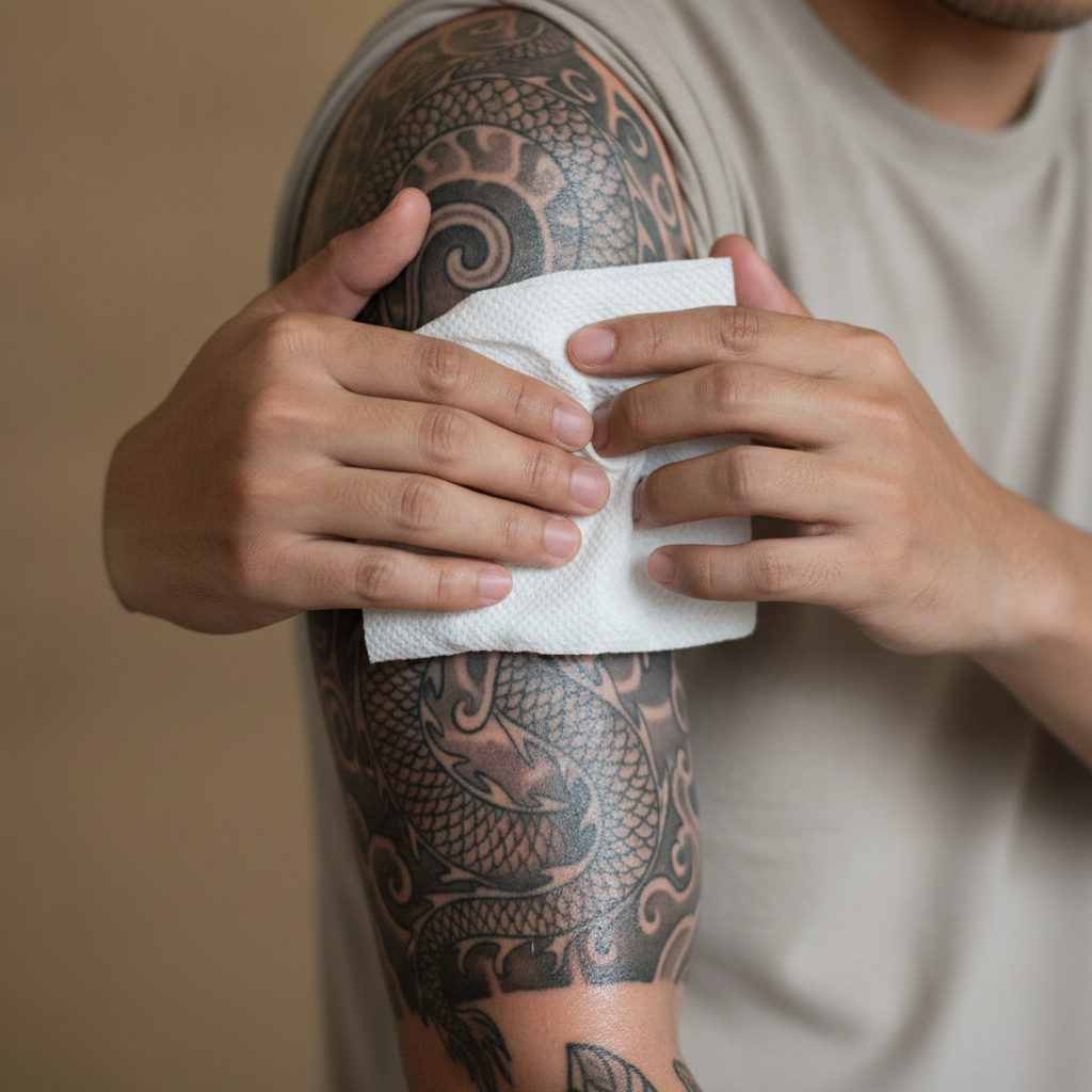 Hands of a Southeast-Asian man patting a freshly washed upper-arm tattoo dry with a clean paper towel in soft daylight