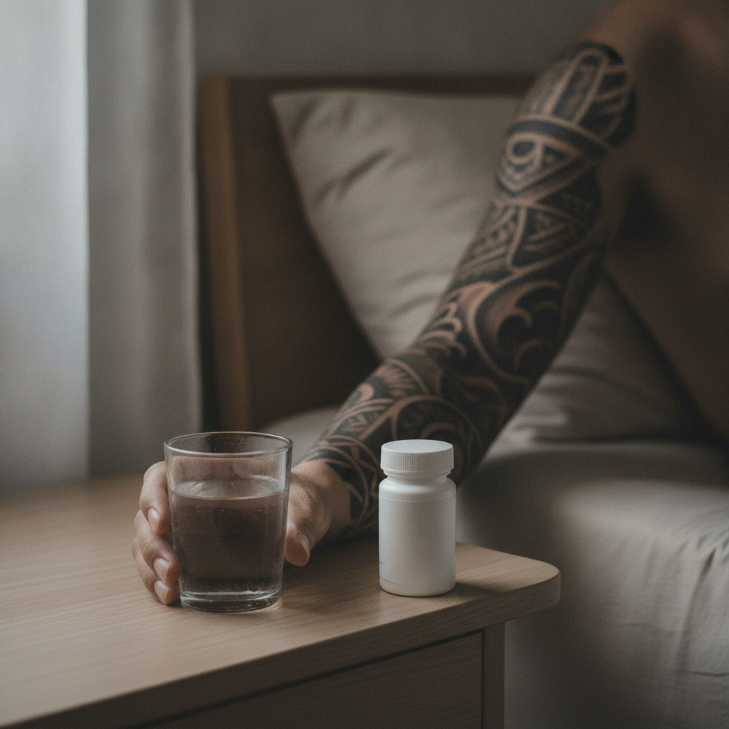 Close-up of a fresh black-and-grey upper arm tattoo with a glass of water and a pill bottle on a bedside table