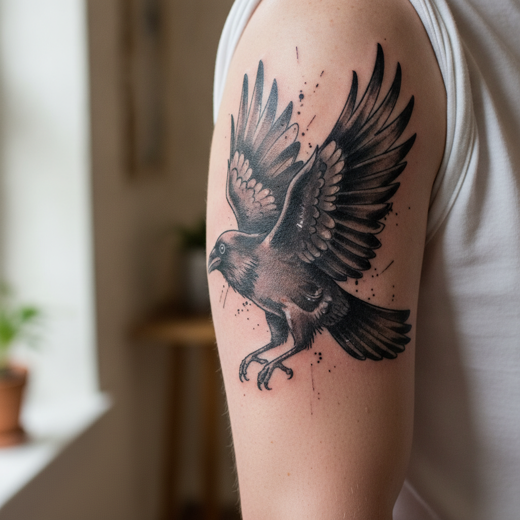 Close-up of an illustrative raven tattoo with painterly shading on a man's upper arm