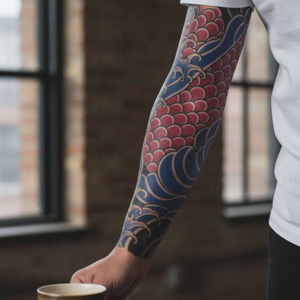 Finished Japanese irezumi half-sleeve with dragon scales and waves in bold color