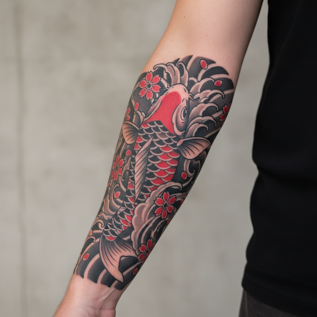 Close-up of a healed Japanese koi fish forearm tattoo with finger waves and cherry blossoms