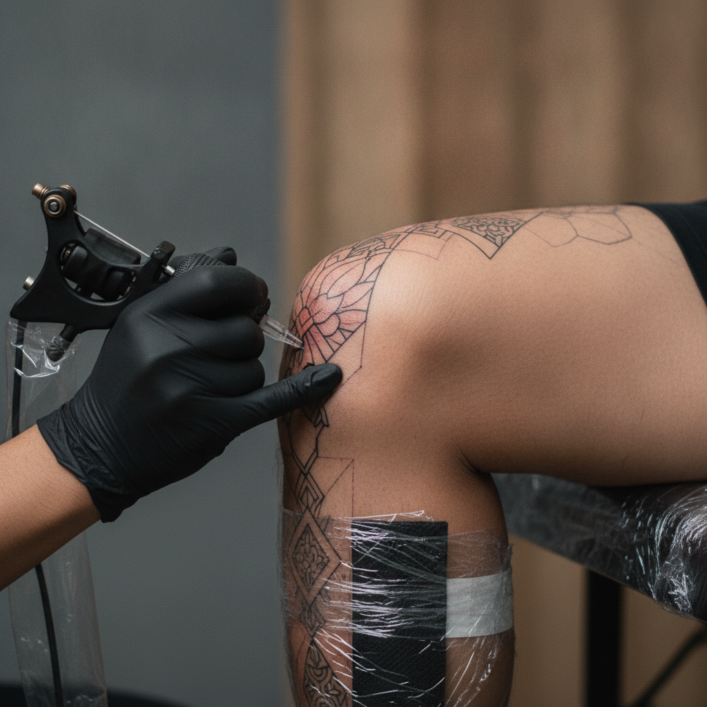 Tattoo artist working on a knee tattoo mid-session with a client in the studio