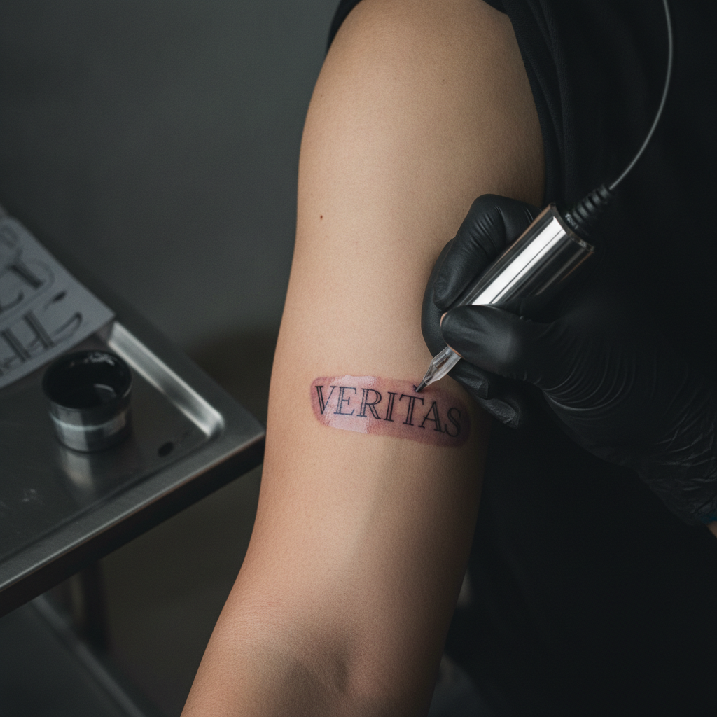Artist tattooing fine black serif lettering onto a client's upper arm