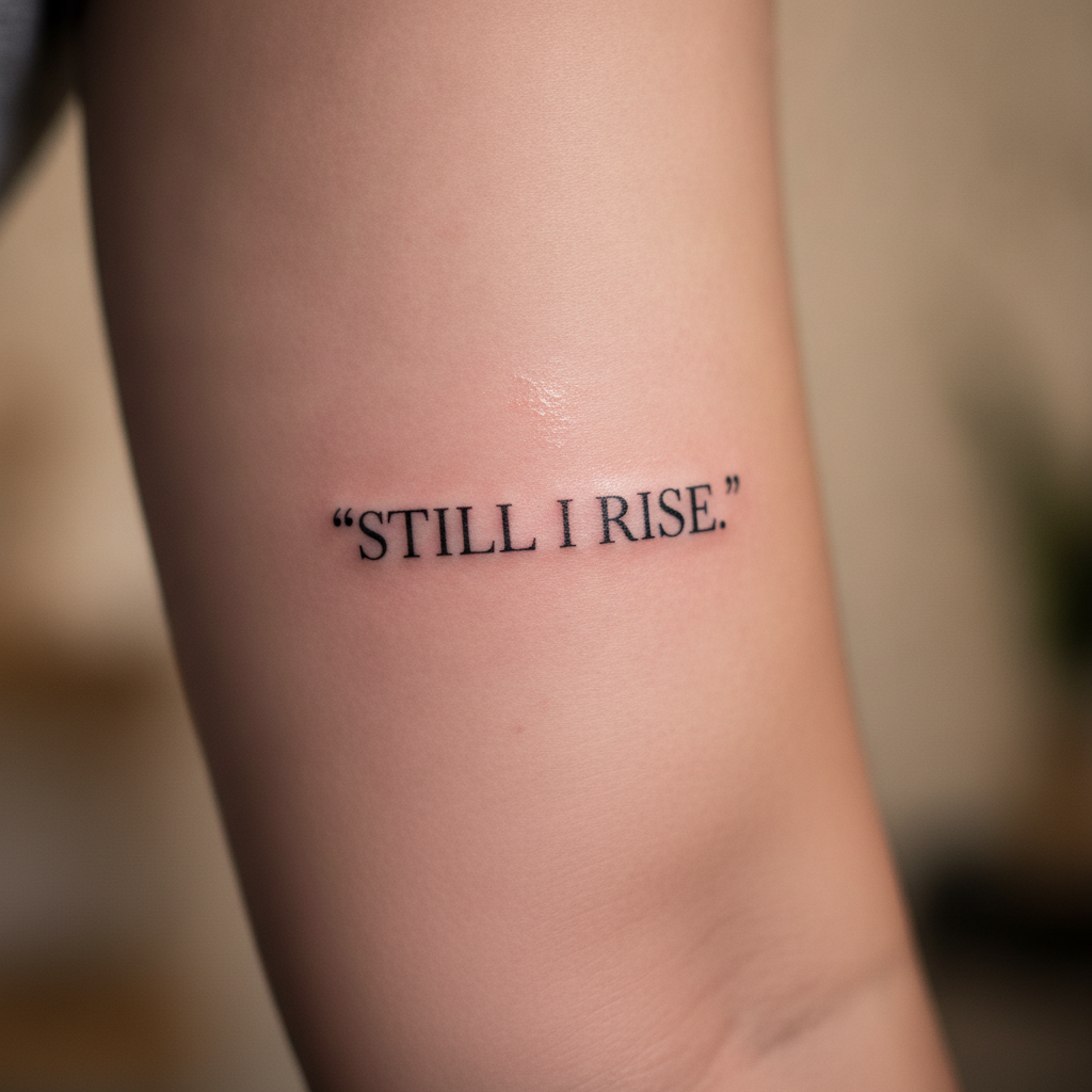 Macro close-up of a fresh fine-line black script lettering tattoo on a forearm, single quoted phrase in clean serif font