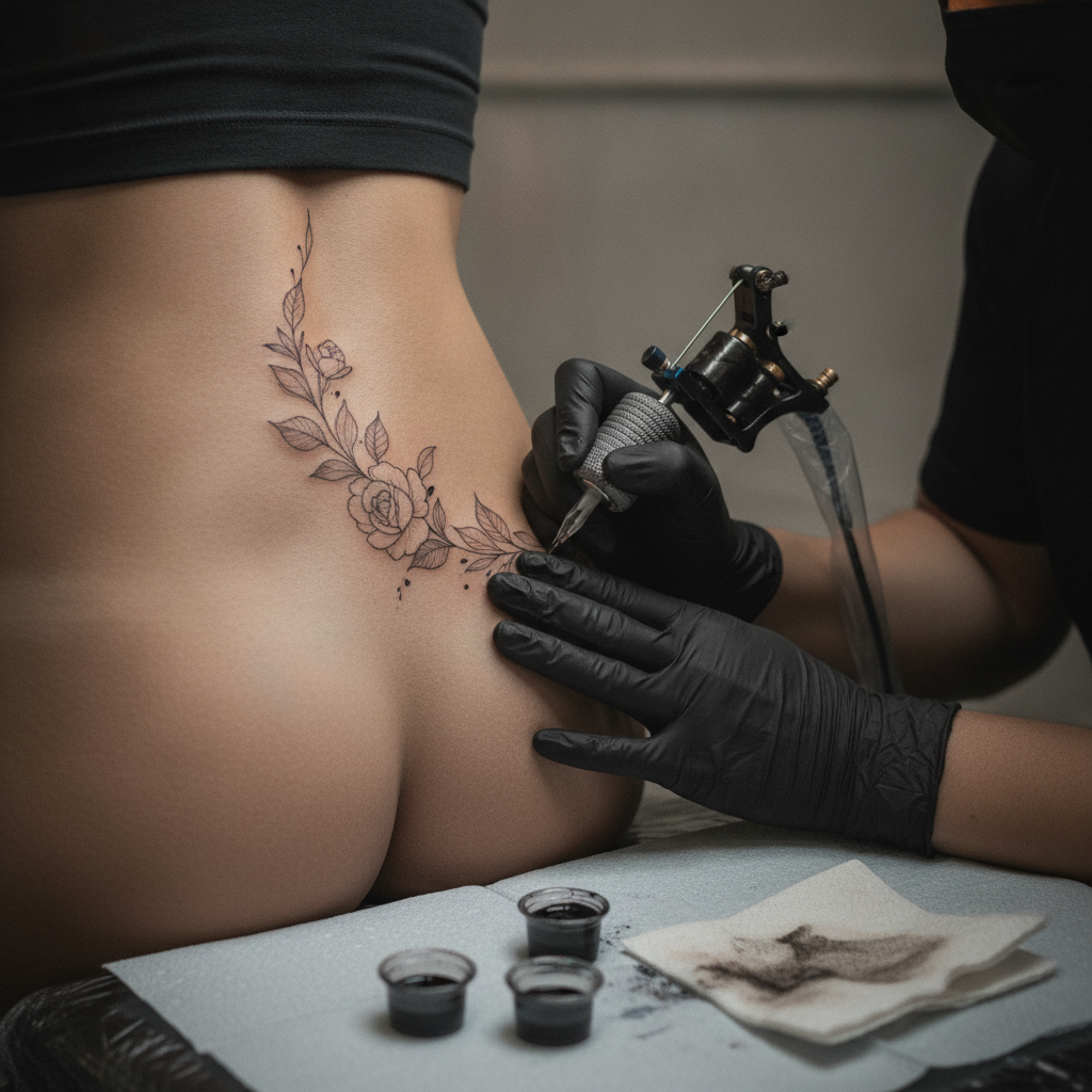 Close-up of a fine-line floral lower back tattoo in progress on a Southeast-Asian woman, tattoo machine and gloved hand entering the frame