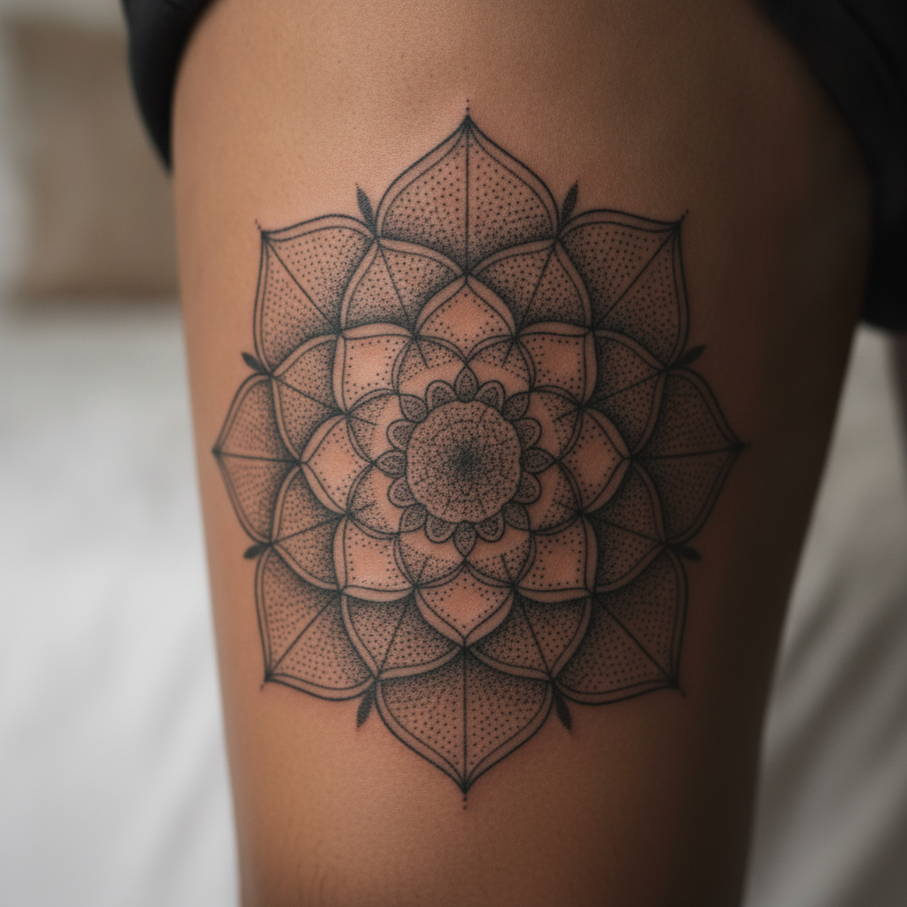 Macro close-up of a healed geometric dotwork mandala tattoo showing fine symmetrical linework and dot shading