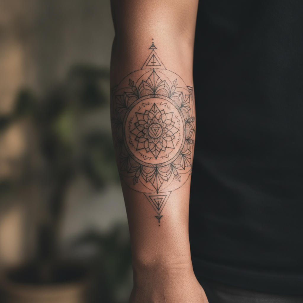 Fine linework mandala tattoo with dotwork shading on a forearm