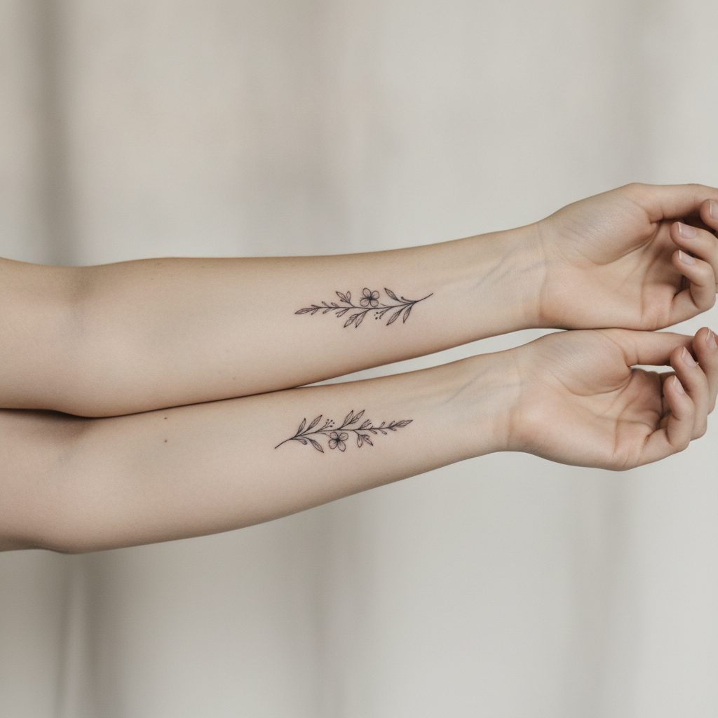 Two Caucasian women's forearms side by side, each with a small matching black fine-line botanical tattoo, close-up in soft studio light