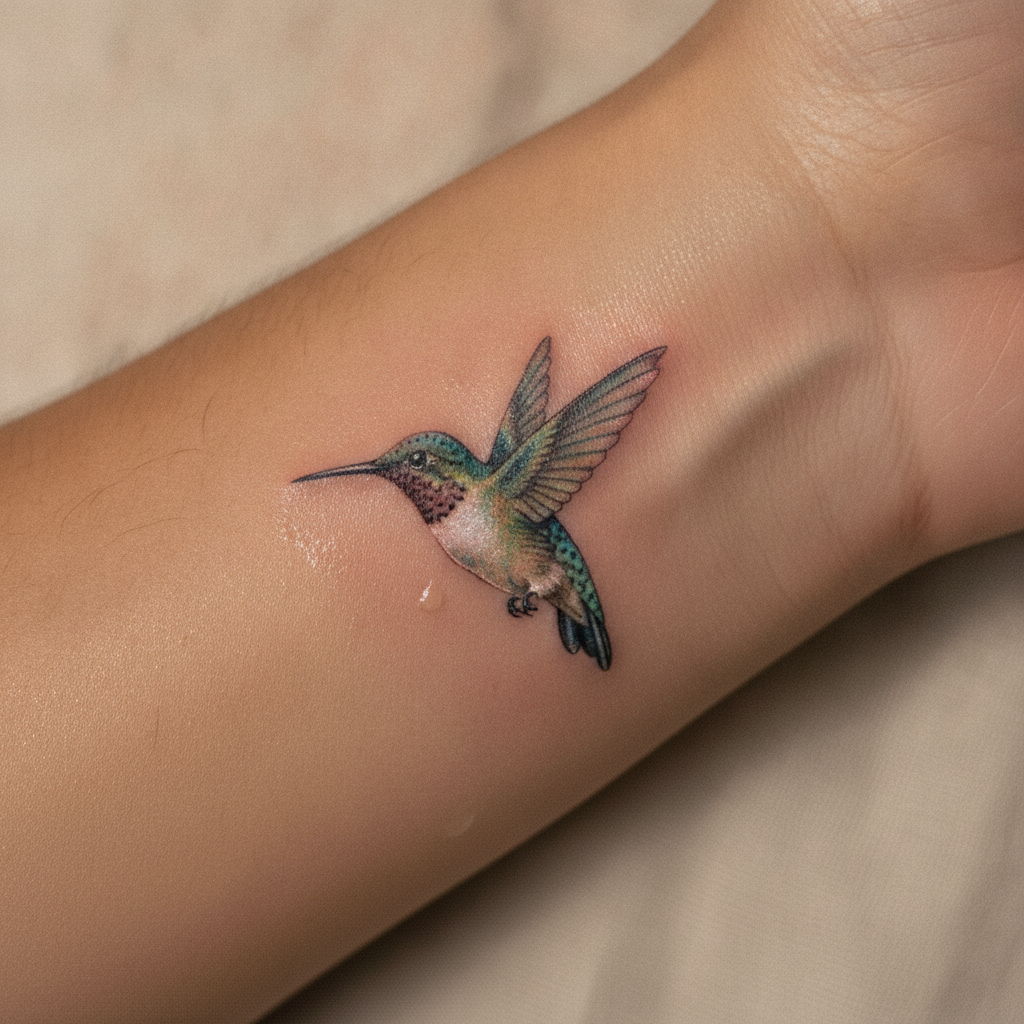 Close-up of a fresh micro-realism hummingbird tattoo on a wrist showing single-needle detail and tonal shading