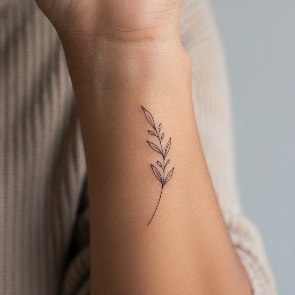 Close-up of a minimalist single-needle botanical line tattoo on a woman's wrist