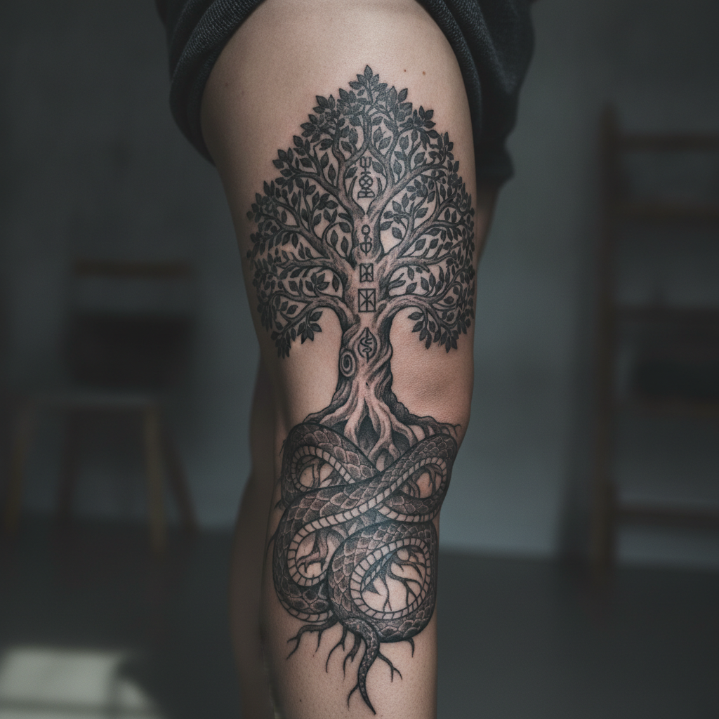 Detailed black-and-grey Yggdrasil tattoo on a calf