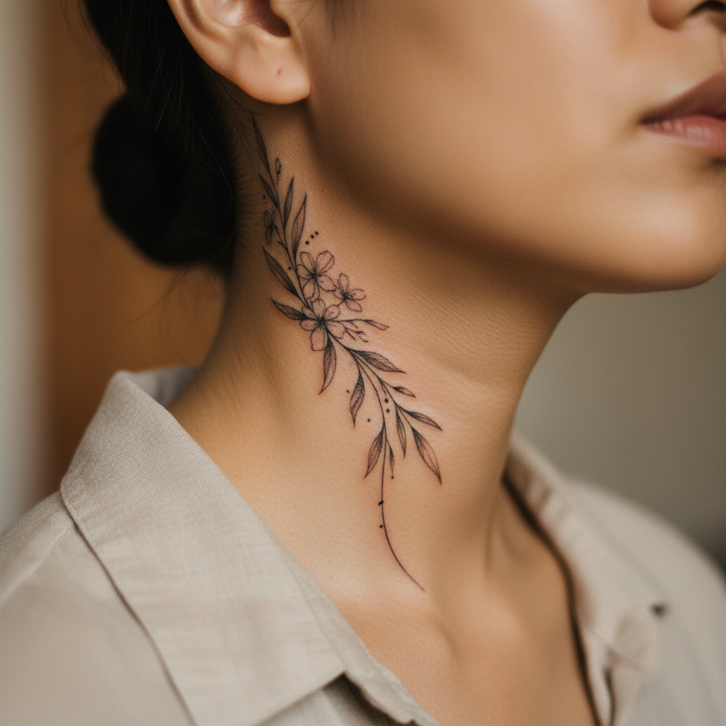 Close-up of a side-neck fine-line botanical tattoo on skin, soft natural light