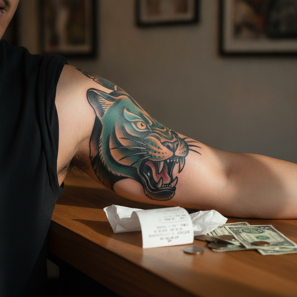 Southeast-Asian man's upper arm with a healing neo-traditional panther tattoo in teal, ochre, and burgundy, cash tip and receipt visible on studio counter