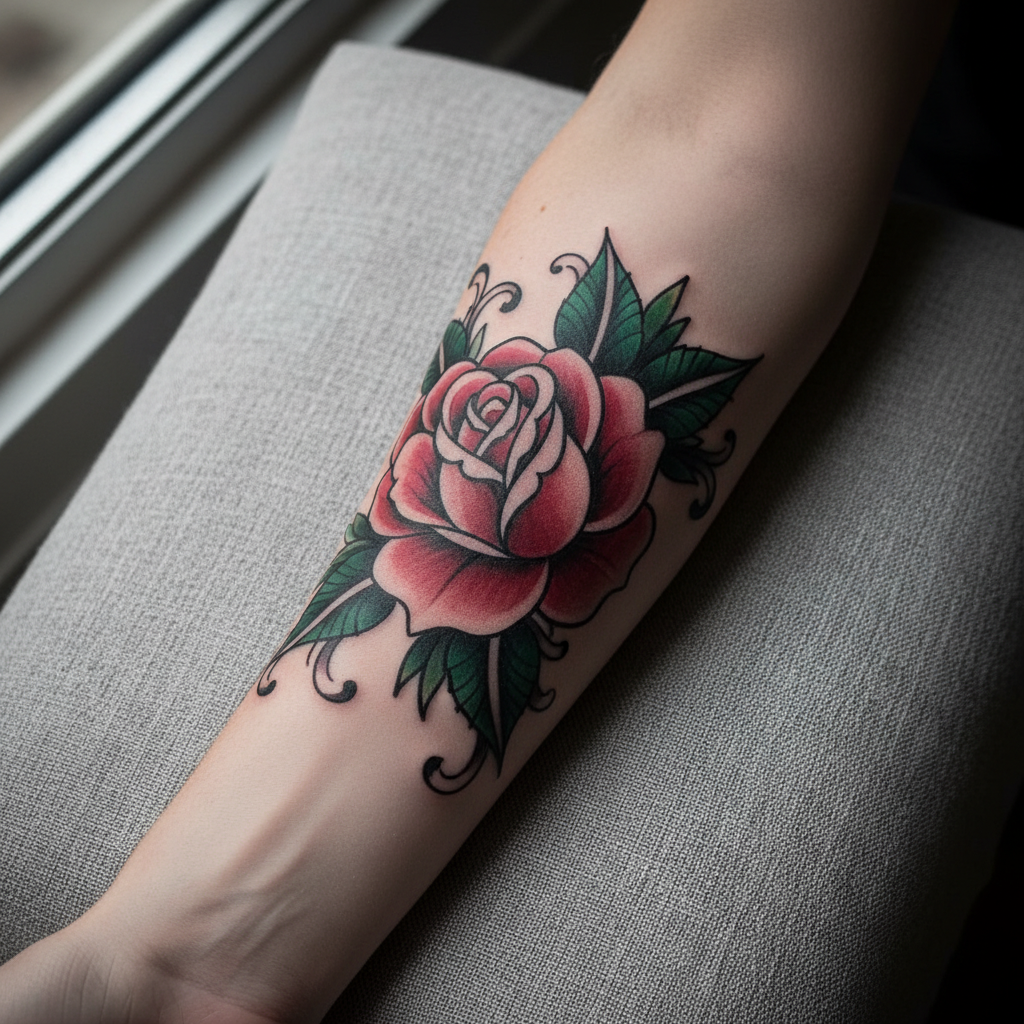 Neo-traditional rose tattoo with bold outlines and layered color on a forearm