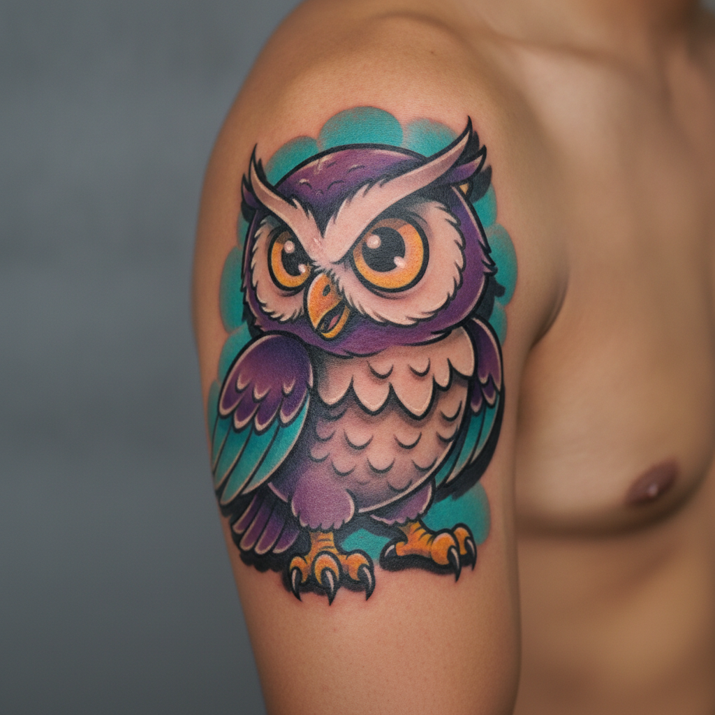 Close-up of a saturated new school color tattoo with heavy black outlines and drop shadows on a forearm