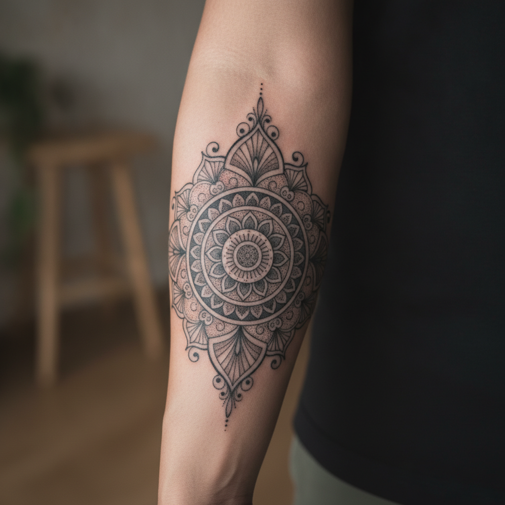 Ornamental mandala forearm tattoo with dotwork shading and filigree linework