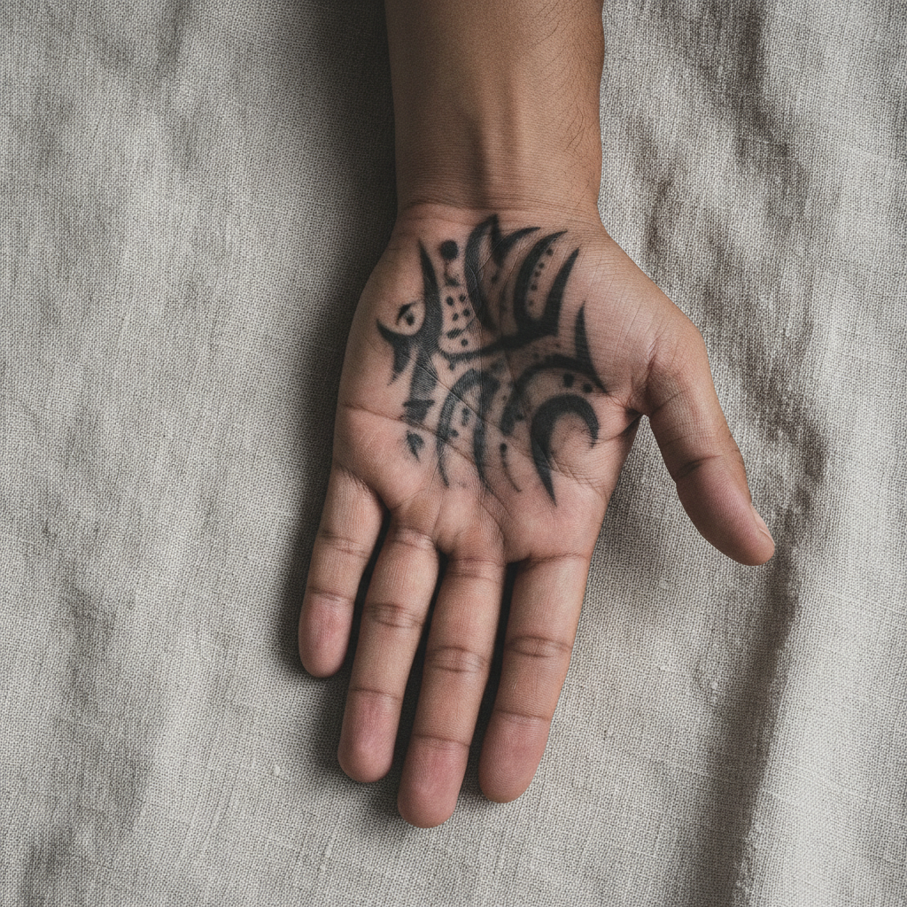 Faded palm tattoo six months after first session, showing patchy ink loss on the inner palm