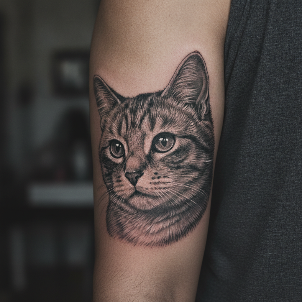 Close-up of a finished black-and-grey realism cat portrait tattoo on an inner upper arm, fine needle detail visible in the fur and eyes
