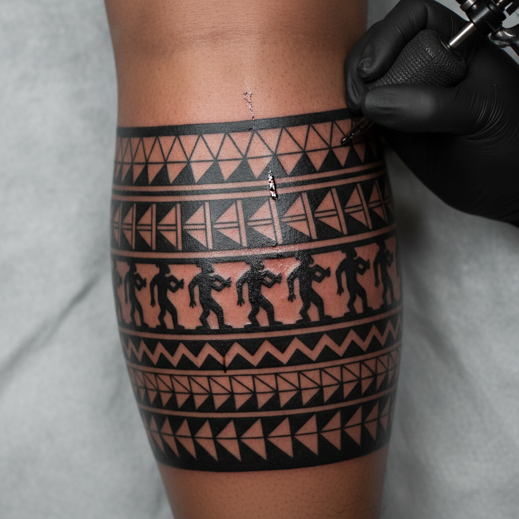 Close-up of a fresh Polynesian-style calf tattoo in progress showing spearheads, geometric bands, and enata figures