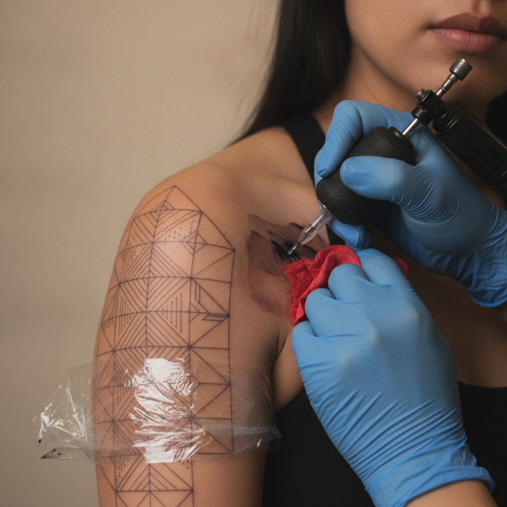 Close-up of a quarter sleeve tattoo being worked on the upper arm with a rotary machine mid-session