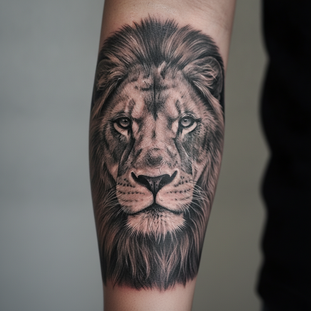 Detailed black-and-grey realism lion portrait tattoo on a forearm