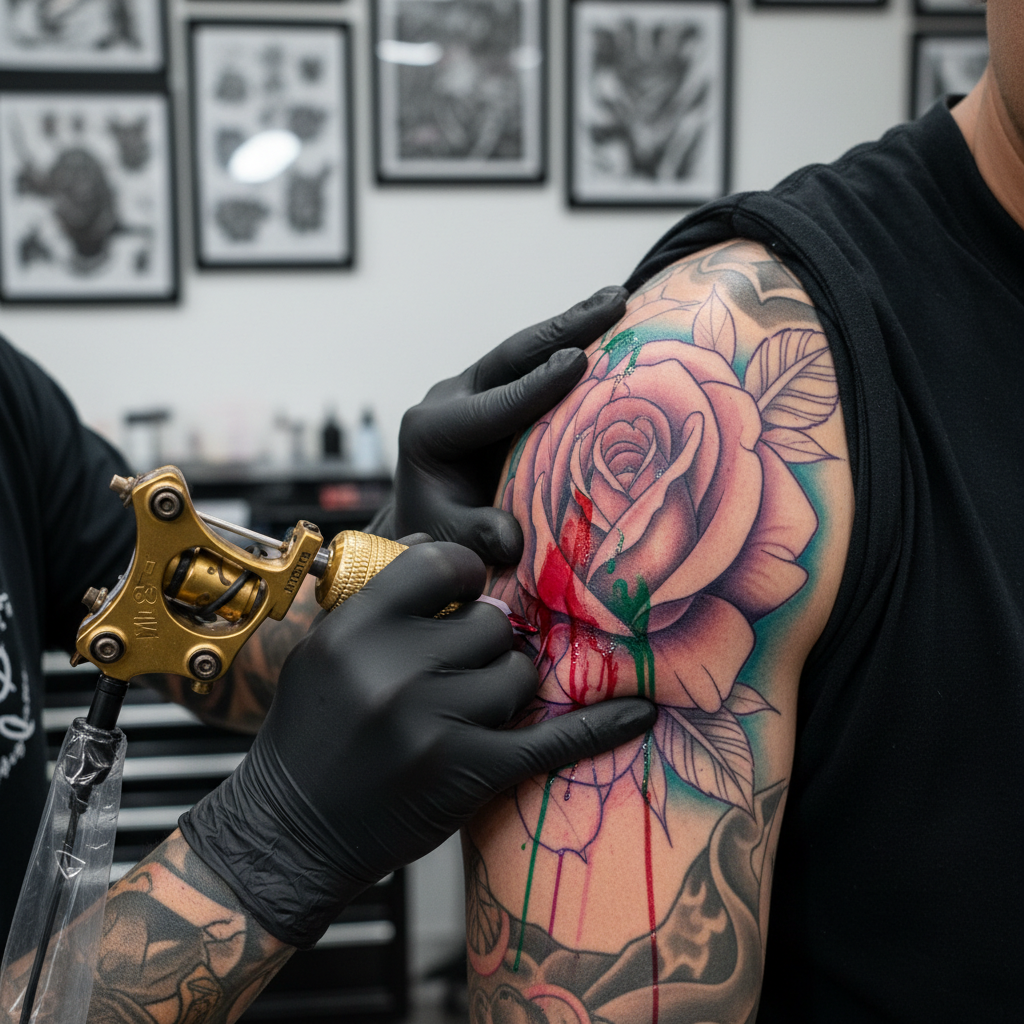 Tattoo artist mid-session working on a color realism rose tattoo on a man's upper arm