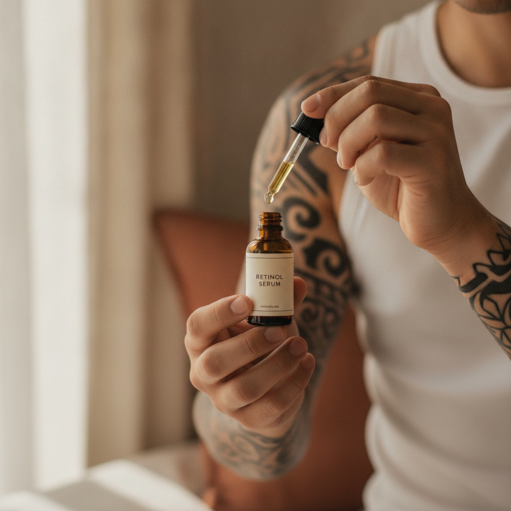 Close-up of a blackwork sleeve with a hand holding an amber retinol dropper bottle beside the tattoo