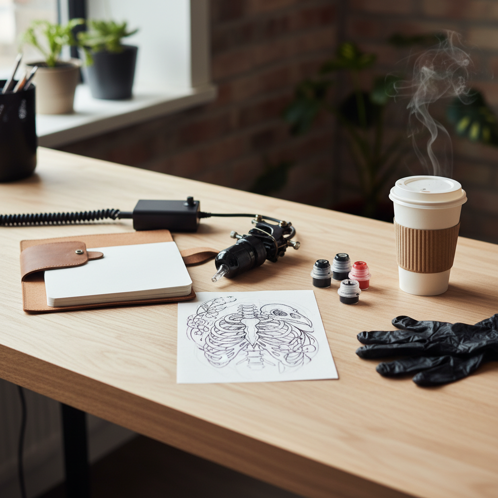 A tattoo artist's workstation with a sketched rib tattoo design on tracing paper, price book, tattoo machine, and ink caps on a wooden bench