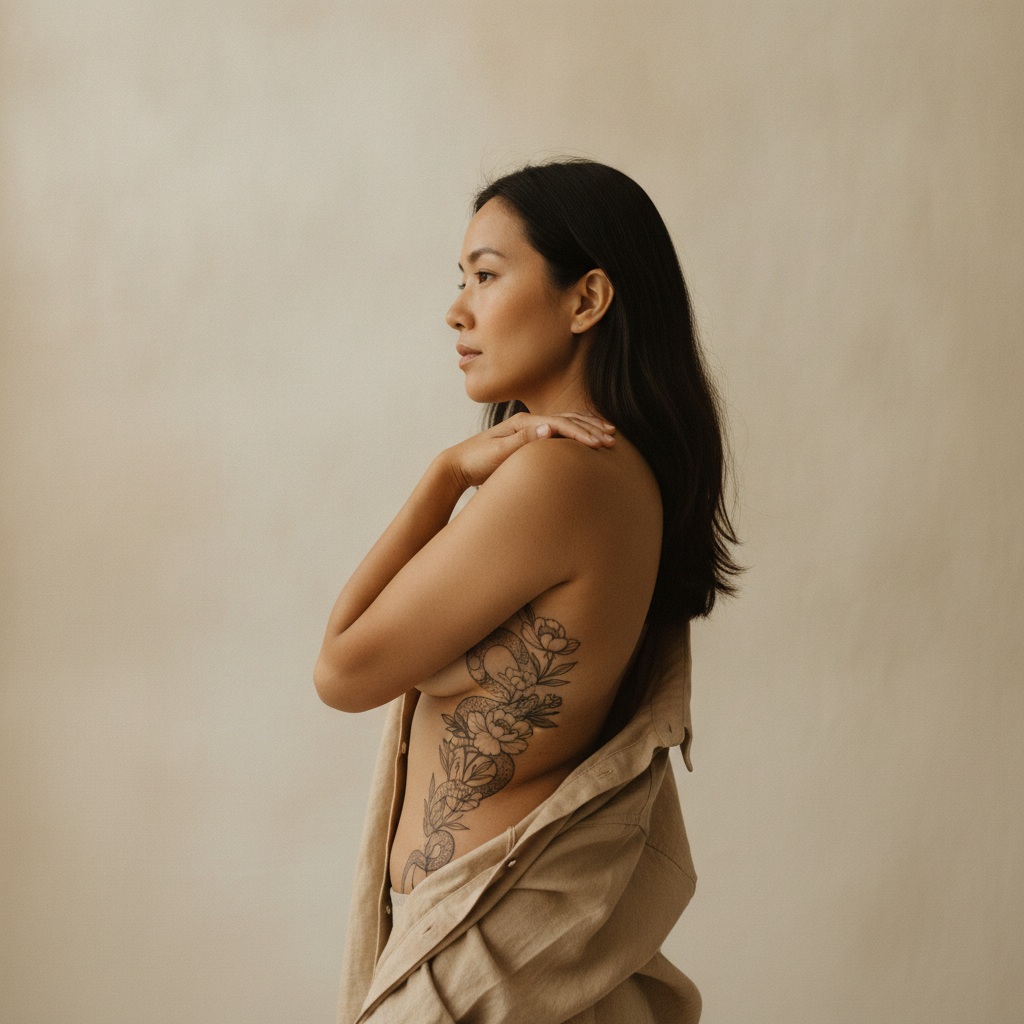 Fine-line snake and floral ribcage tattoo flowing along a woman's ribs from underarm to hip