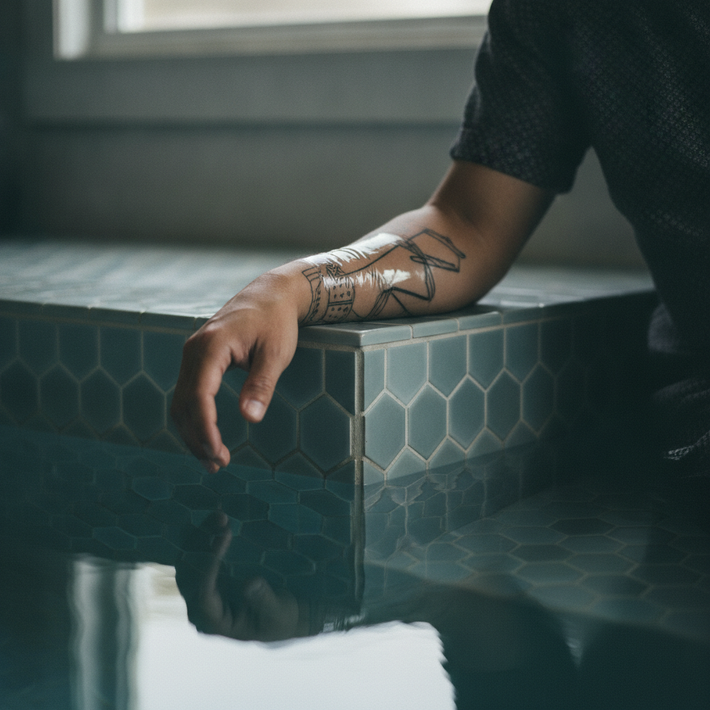 Bandaged fresh forearm tattoo resting on the rim of a tiled hot tub