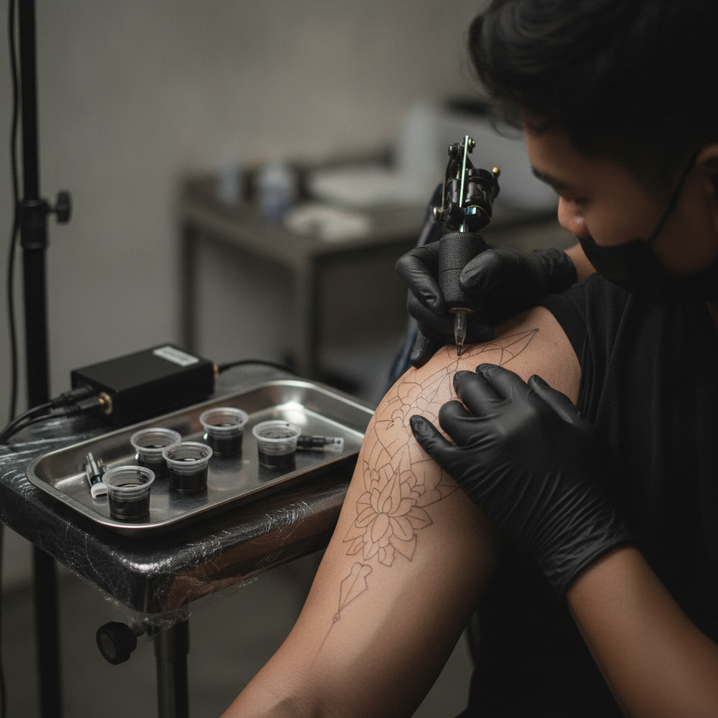 Tattoo artist working a fine-line shoulder session on a client
