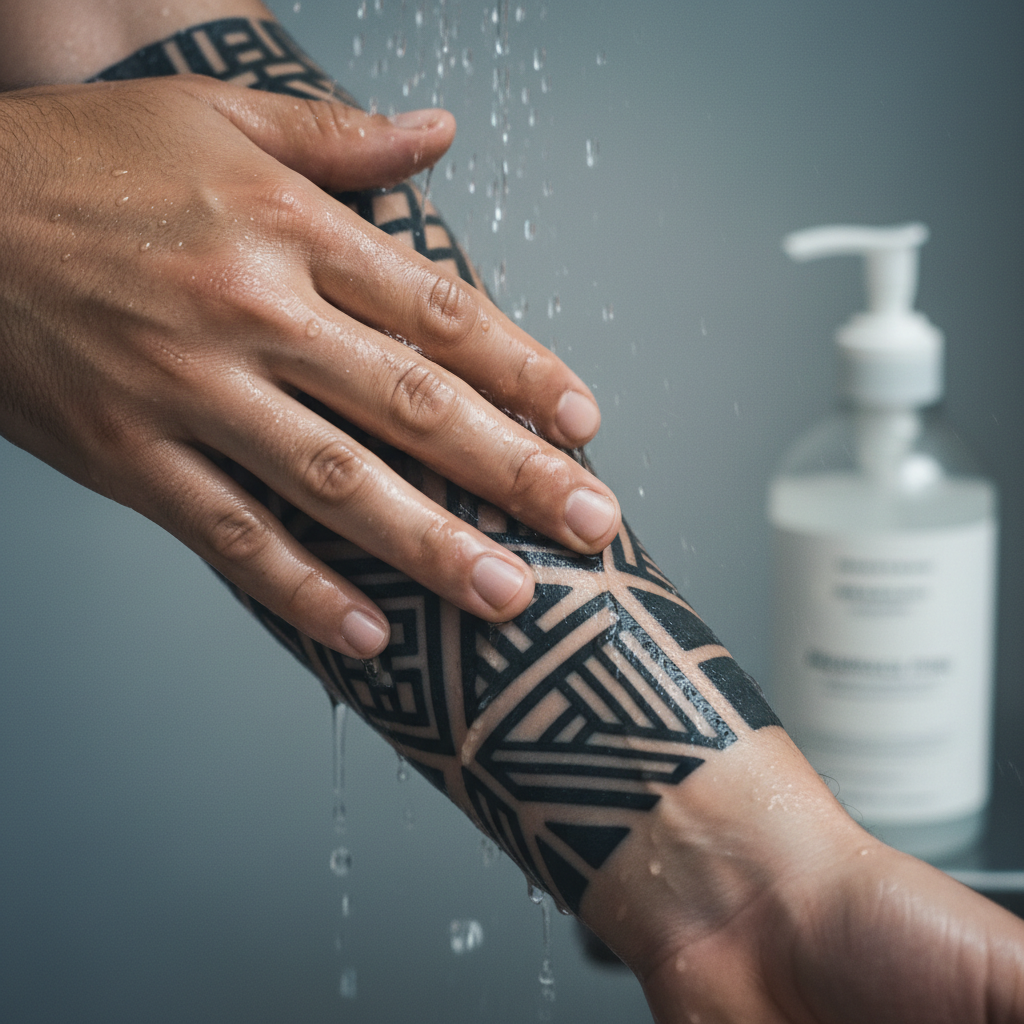 Close-up of fingertips gently washing a fresh forearm tattoo under a low-pressure shower stream