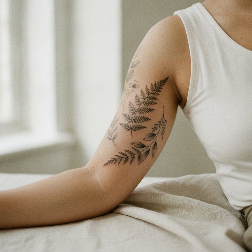Healed single-needle fine botanical tattoo on the inner bicep showing hairline black lines and soft grey wash