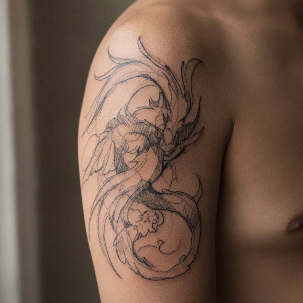 Detail of a healed sketchwork tattoo showing loose cross-hatching and open linework on an upper arm
