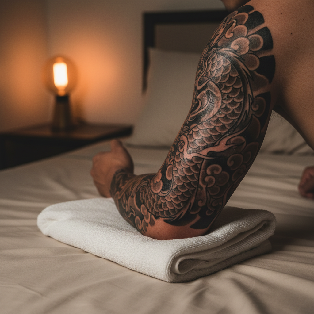 Fresh black and grey tattoo on a Southeast Asian man's upper arm resting on a clean white towel in soft bedroom light