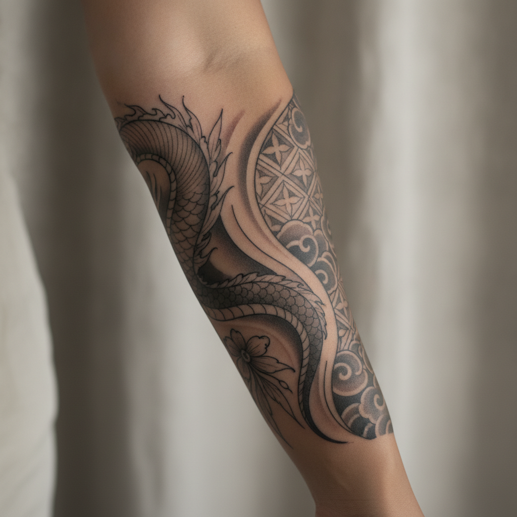 Detail of a forearm sleeve tattoo showing negative space between design elements
