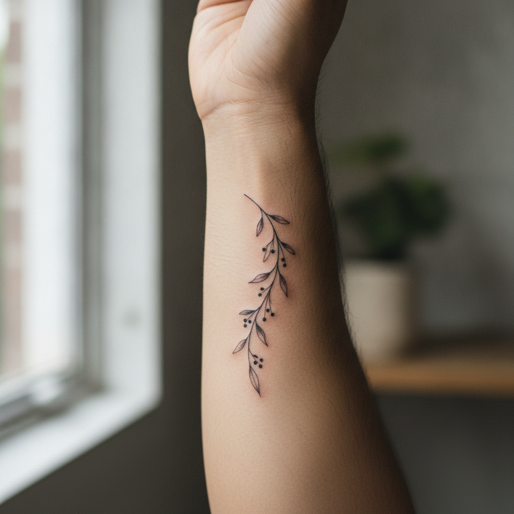 Healed small fine-line botanical tattoo on a forearm