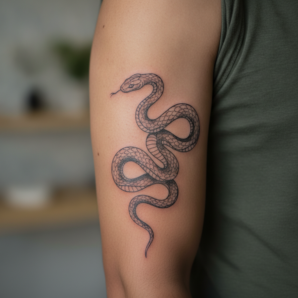 Close-up of a fine-line serpent tattoo coiling along an inner bicep