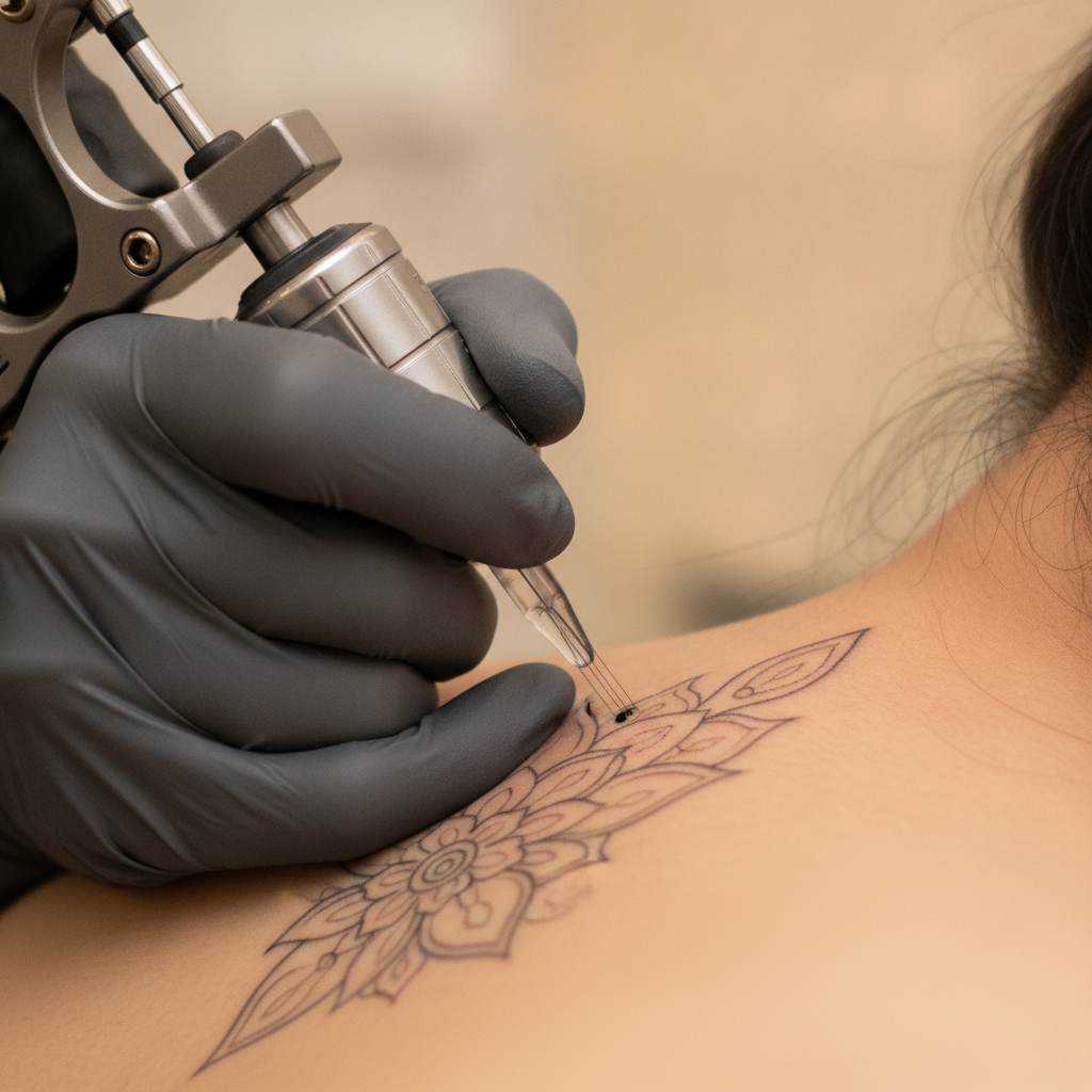 Close-up of a tattoo artist working fine linework on the upper spine with a rotary machine
