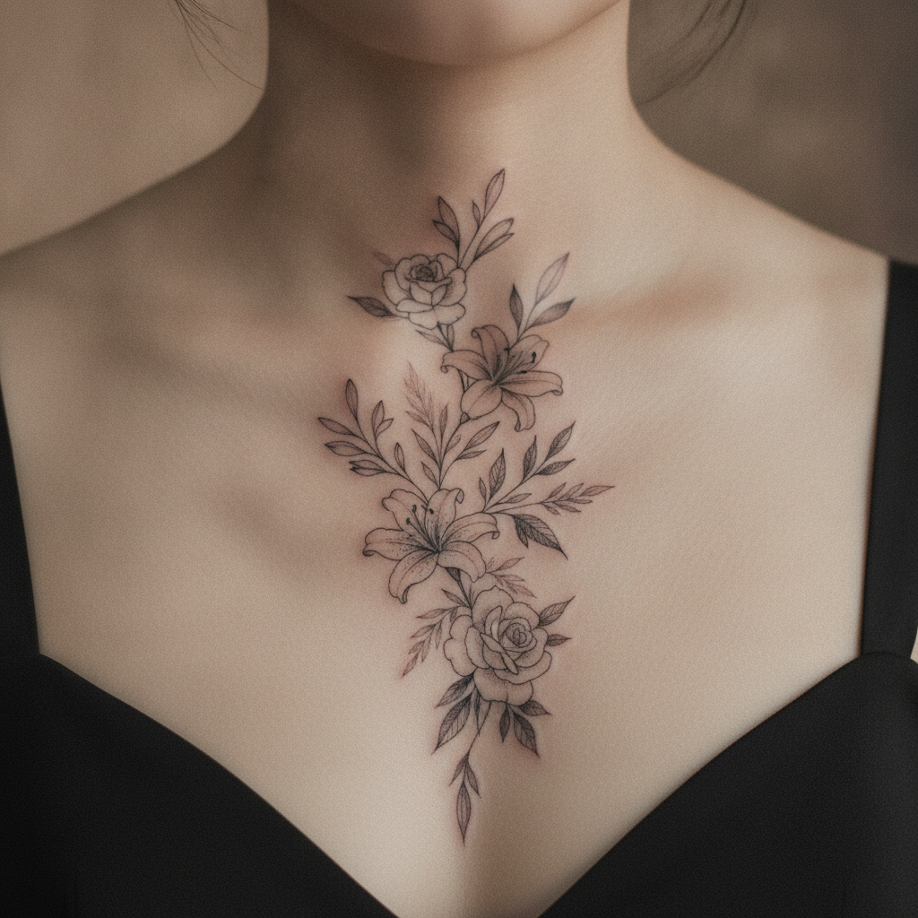 Close-up of a fine-line floral sternum tattoo showing detailed linework and healed skin between the ribs