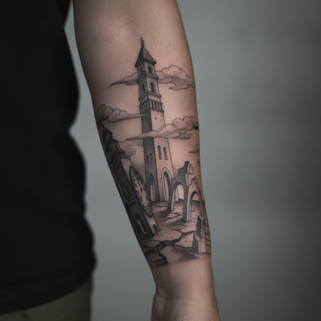 Southeast-Asian man's forearm with a healed fine-line surrealism tattoo showing a Dali-inspired dreamscape of distorted architecture and drifting clouds
