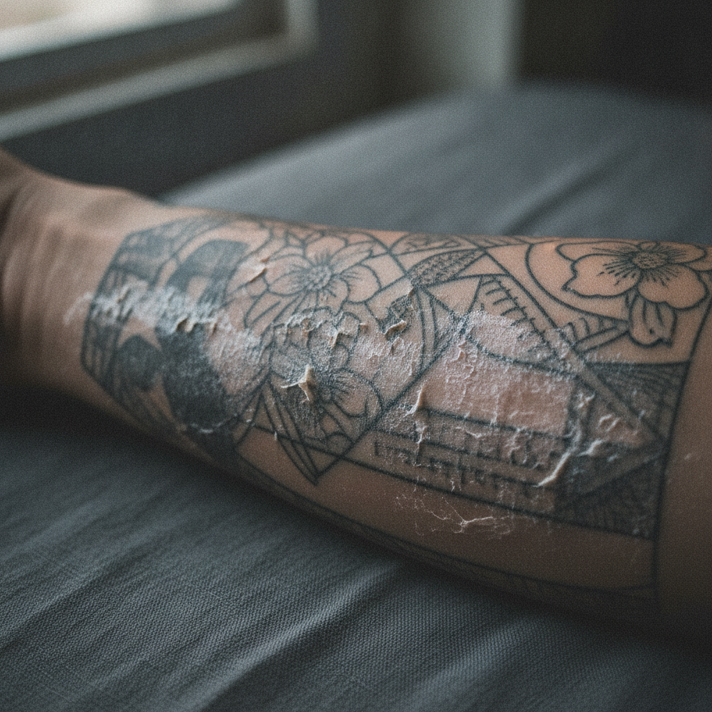 Healing black fine-line tattoo on forearm at day 10 peeling stage