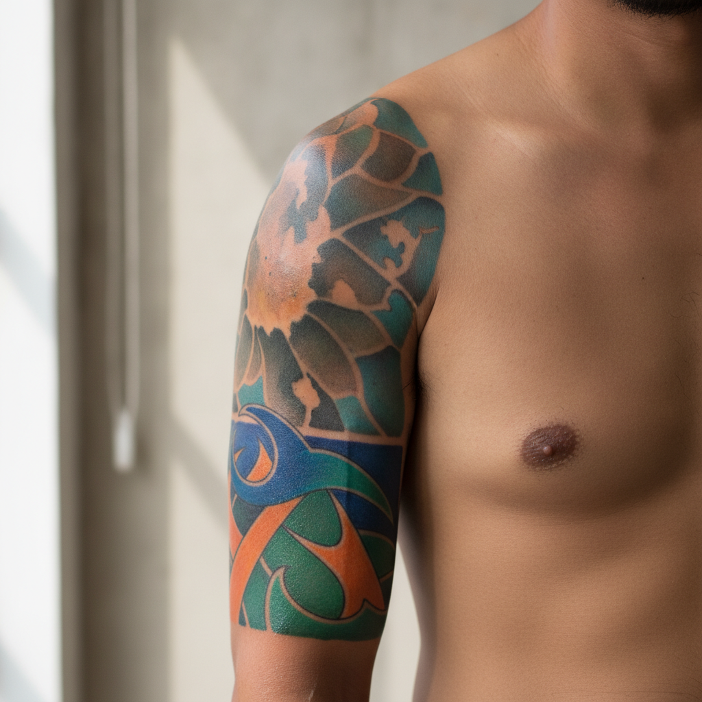 Close-up comparison of sun-faded color tattoo next to a sharper section on a man's upper arm