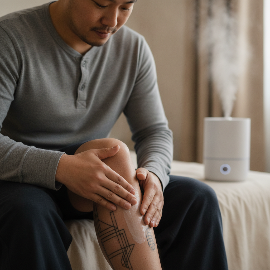 Man applying unscented lotion to a peeling winter tattoo with a humidifier in the background