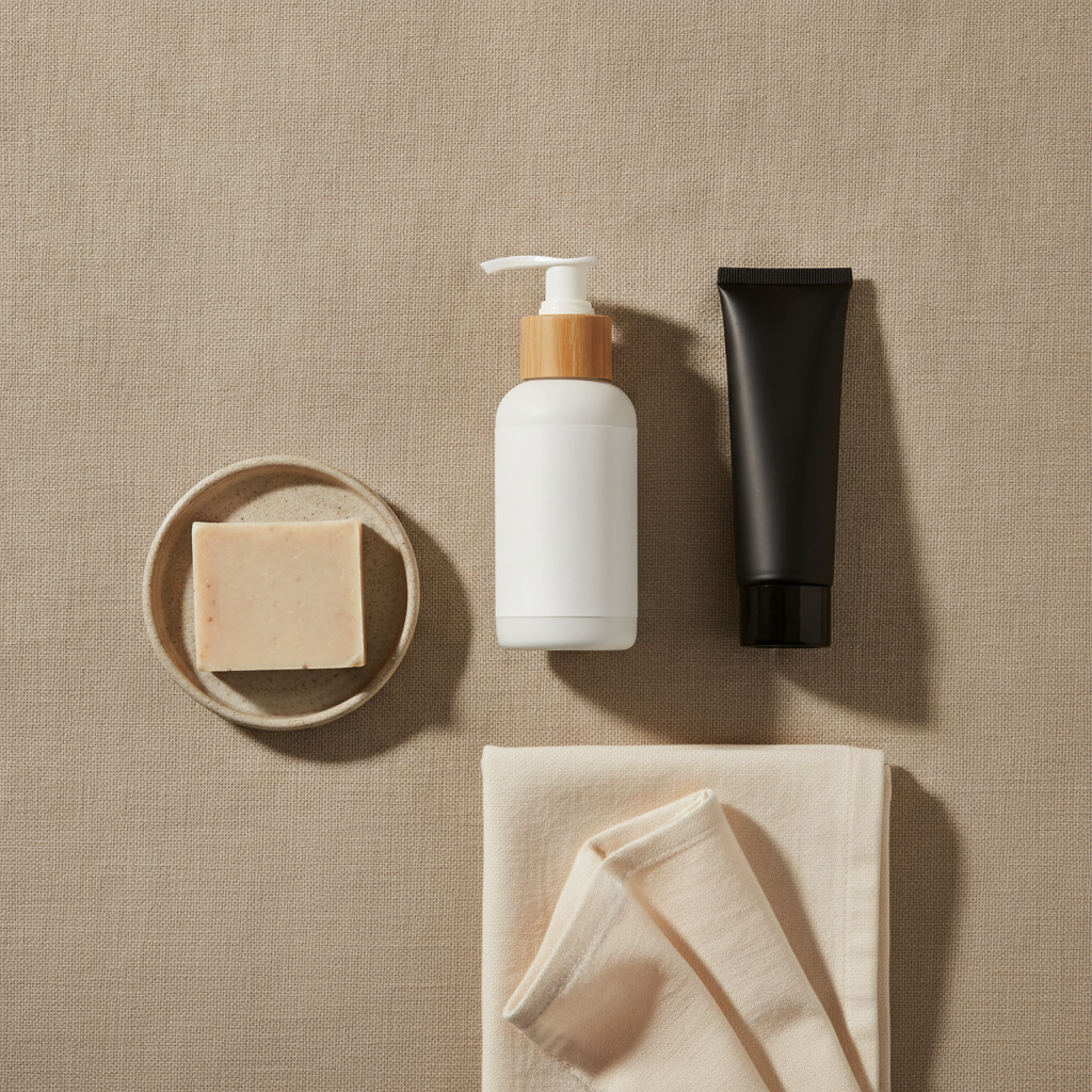 Flat-lay of fragrance-free lotion, tattoo balm, mild soap and a clean cotton cloth for aftercare