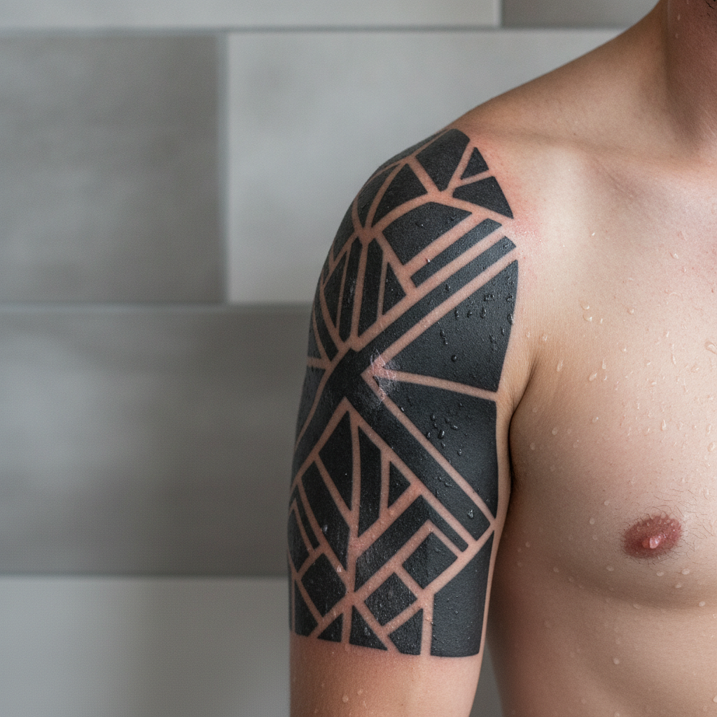 Close-up of a healing blackwork tattoo on day seven with light peeling, patted dry after a quick shower