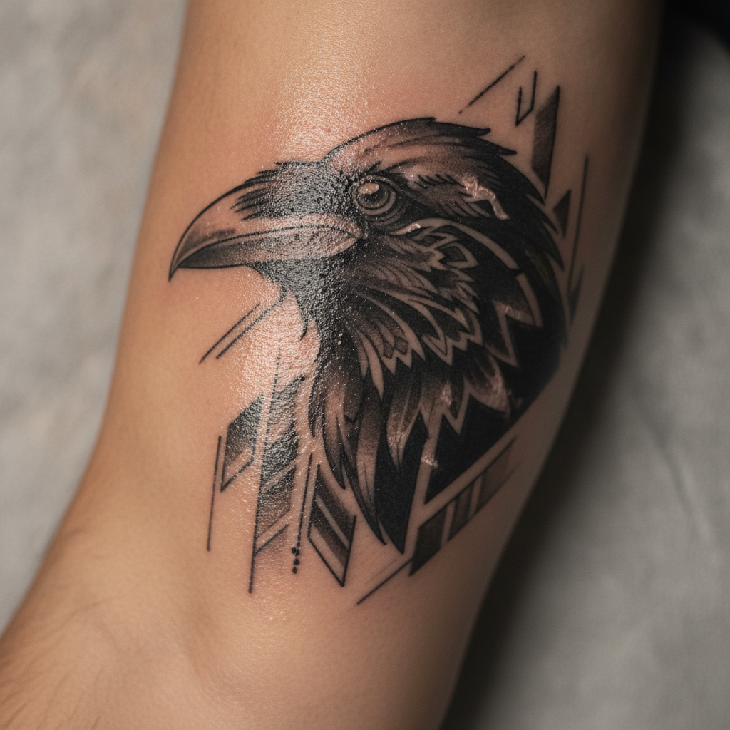 Close-up of a healing black-and-grey bicep tattoo on oily skin around day seven with light peeling at the edges
