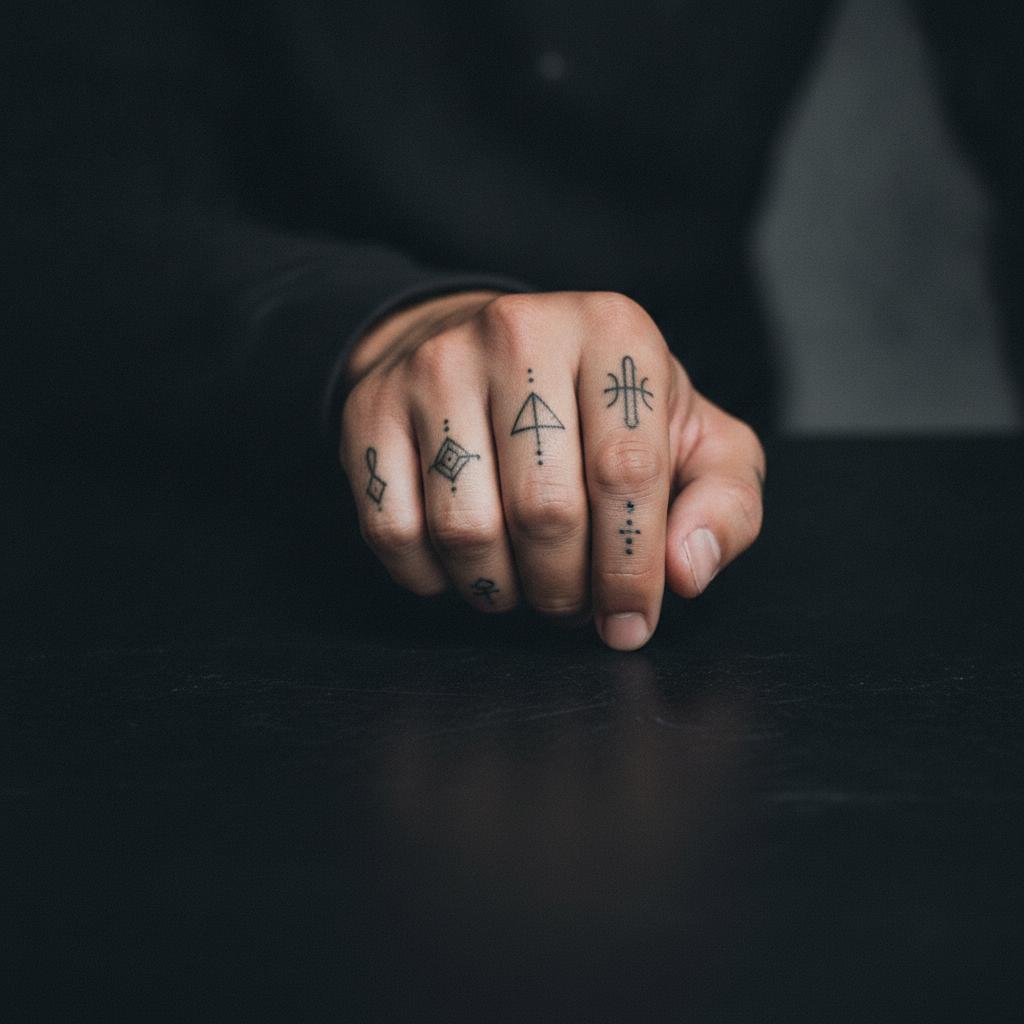 Close-up of fresh fine-line knuckle tattoos on a man's slightly bent hand